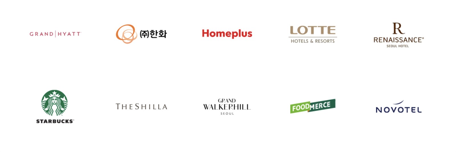 Foodclover domestic clients — Starbucks, Grand Hyatt, The Shilla, Lotte Hotels, Walkerhill, Homeplus
